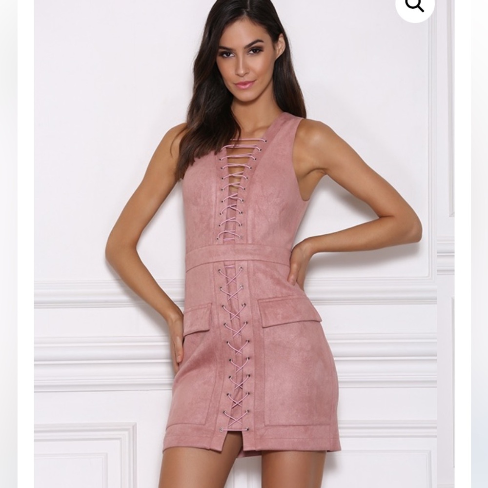 Akira lace up front bodycon dress in blush pink